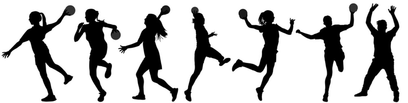 Handball player in action vector silhouette illustration isolated on white background. Woman handball player symbol. Handball girl jumping in the air. Handball (soccer) goalkeeper silhouette vector. 
