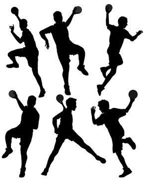 Handball player in action, attack shut in jumping vector silhouette illustration. Elegant body sport figure, boy black shadow. Dynamic athlete jump and shooting penalty in goal. Sport man handball.