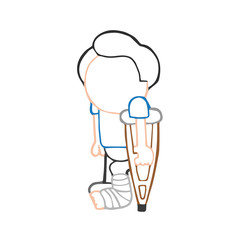 Vector hand-drawn cartoon of man standing with leg in cast holding crutches