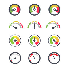 speedometer icon, indicator of minimum and maximum gauge with various needle pointer - obrazy, fototapety, plakaty
