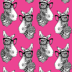 Seamless pattern. Zebra portrait in a striped tie with a glasses on a pink background. Vector illustration.