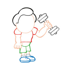 Vector hand-drawn cartoon of man standing lifting dumbbell