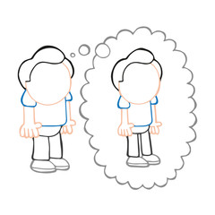Vector hand-drawn cartoon of fat man standing dreaming of being thin thought bubble
