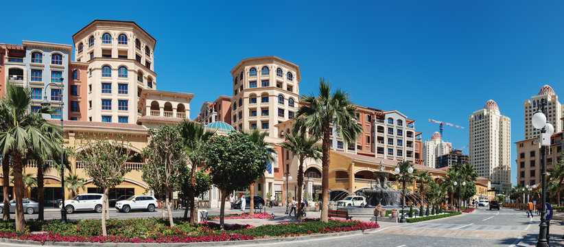 Panoramic view of central district near the Pearl Boulevard in artificial island The Pearl-Qatar in Doha, Qatar