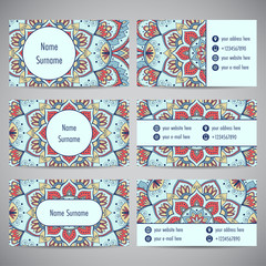 Set of business cards with floral mandala ornaments. Vector illustration