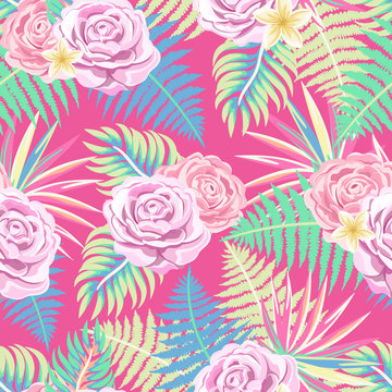 Vector seamless tropical pattern with palm leaves and flowers on pink background. Colourful floral illustration for textile, print, wallpapers, wrapping.