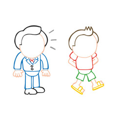 Vector hand-drawn cartoon of businessman looking and envy happy-go-lucky man walking in casual attire