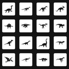 Dinosaur icons set in white squares on black background simple style vector illustration