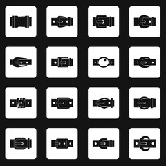 Belt buckles icons set in white squares on black background simple style vector illustration