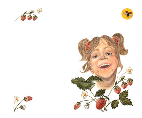 A watercolor hand drawn portrait of a laughing little girl, looking out of a strawberry plant. The orange sun with flying ladybug is behind the child. Concept - happy summer and cheerful childhood.