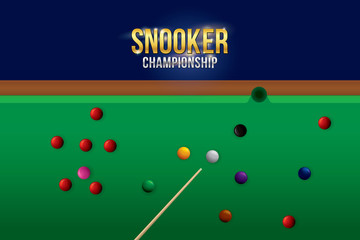 Vector of green snooker table with balls and wood cue from top view.