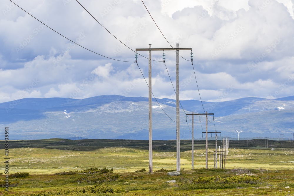 Poster Power line in a heath landscape and mountains