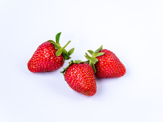 Three fresh ripe strawberries on white background, isolated, copy paste