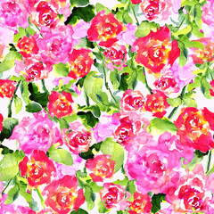 Seamless pattern of watercolor roses and leaves