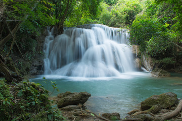Huay Mae Khamin waterfalls in deep forest at Srinakarin National Park ,Kanchanaburi ,A beautiful stream water famous rain forest waterfall in Thailand