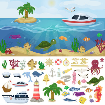 Nautical navy boats marine ocean sea animals vector water plants ocean fish cartoon illustration