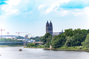 View over the river Elbe on sights of the city Magdeburg