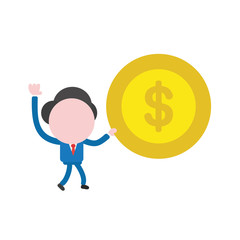 Vector businessman character walking and holding dollar money coin