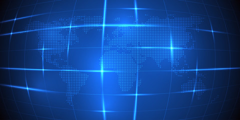 Vector World map with continent on a blue background with a bright grid
