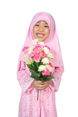 Asian Little Chinese Girl in traditional Malay costume holding bouquet
