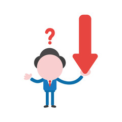 Vector confused businessman character holding arrow moving down