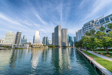 Downtown Miami skyline from Brickell Key on a beautiful sunny day, Florida