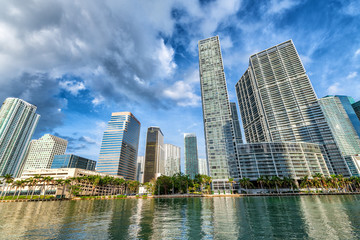 Downtown Miami skyline from Brickell Key on a beautiful sunny day, Florida