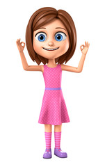 The girl in a pink dress shows two okay. 3d render illustration. Illustration for advertising.