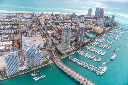 Miami Canal, MacArthur Causeway and South Pointe Park, view from helicopter