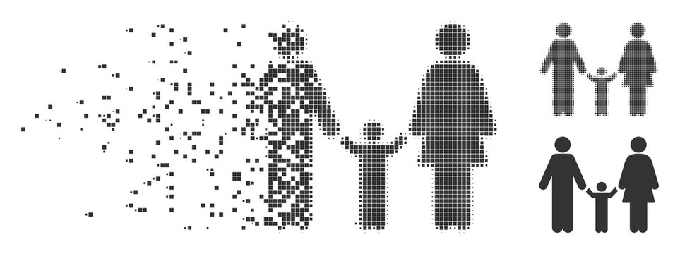 Dispersed family child dotted icon with disintegration effect. Halftone pixelated and intact solid grey variants. Dots have square shape. Fragments are organized into dissolving family child form.