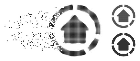 Dissolved house diagram dotted icon with disintegration effect. Halftone dotted and undamaged entire grey versions. Dots have rectangle shape. Elements are grouped into dissolving house diagram shape.