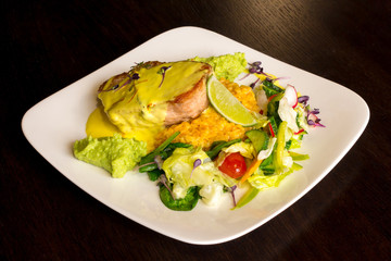 Tuna fish with guacamole and vegetables