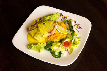 Tuna fish with guacamole and vegetables