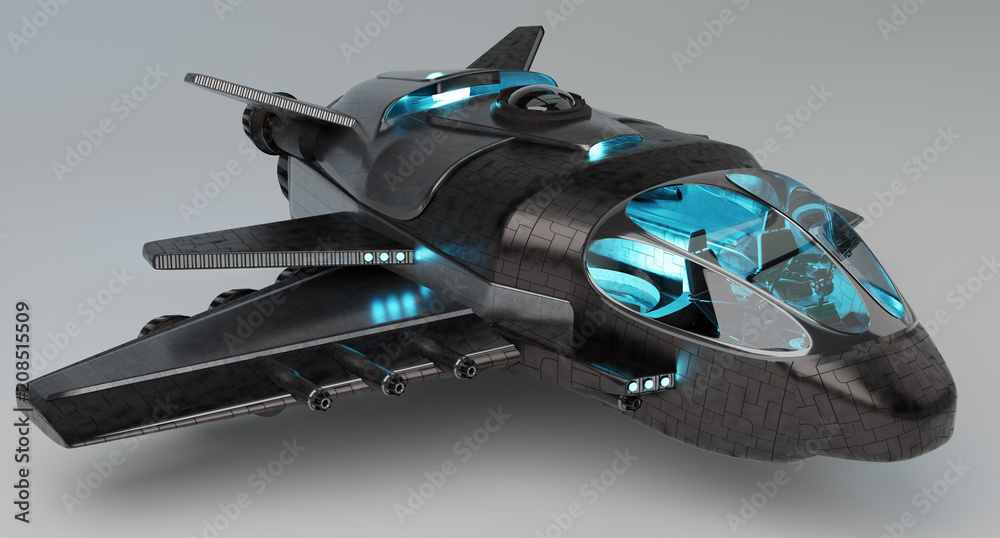 Poster futuristic spacecraft isolated on grey background 3d rendering