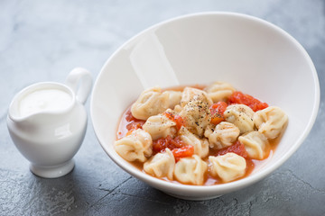 Soup with pelmeni or russian meat dumplings in a white bowl, grey concrete background, studio shot