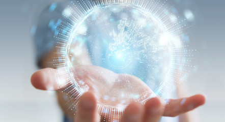 Businessman using globe network hologram with Europe map 3D rendering