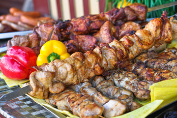 Fried meat of pig, lamb, grilled shish kebab with a delicious crust on the background of vegetables. Summer holidays and food in nature. Stock Photo.