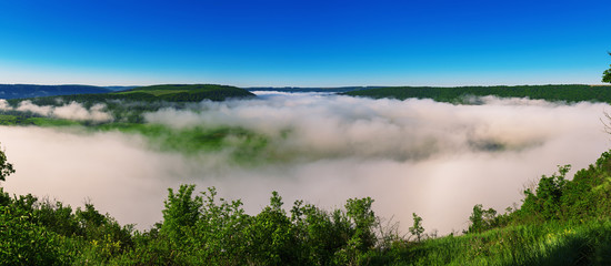 Dnister river landscape in Ternopil region of western Ukraine. Idillyc view from above in the morning. Panorama