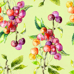 Ripe, juicy, summer cherry and berry pattern. Watercolor. Illustration