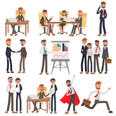 Office people in different business situations color flat illustrations set