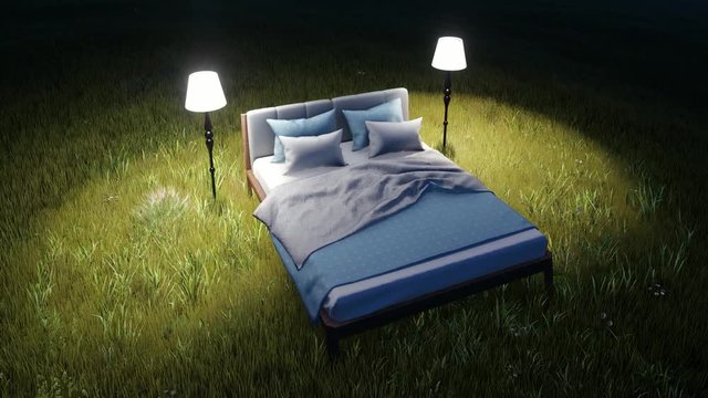 3d render Bed in field
