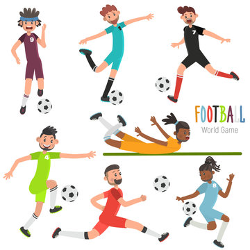 Different players at the time of the ball color flat illustration set. Football player glides on the stomach on the grass illustration