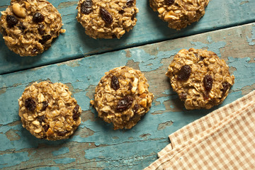 Home made cereal cookies on a blue wooden background