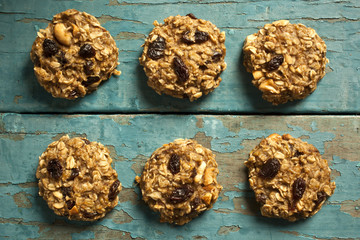 Home made cereal cookies on a blue wooden background