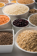 Uncooked pulses,grains and seeds in White bowls over white background. selective focus