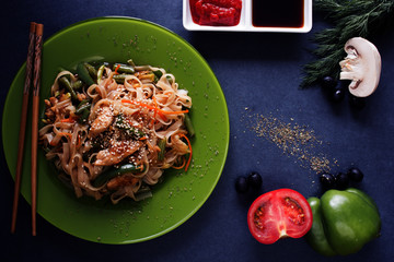 place for text noodles vegetables sushi rolls