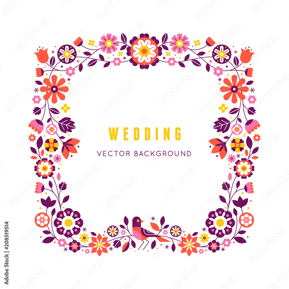 Poster frame with decorative flowers, leaves and bird with copy space for text