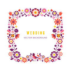 Frame with decorative flowers, leaves and bird with copy space for text