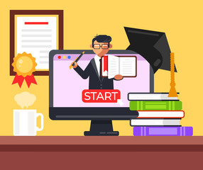 Electronic library online e learning education concept.  Laptop with book and graduation hat online translation video tutorial. Vector flat cartoon graphic design isolated illustration