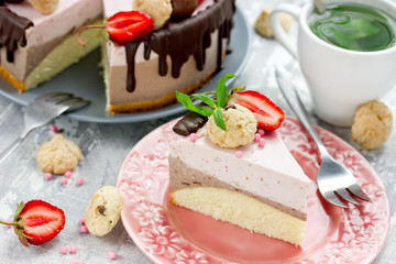 Strawberry chocolate cake - dietary cheesecake without baking with strawberry and chocolate layers on biscuit